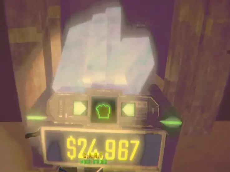 Oversized glowing crystal being transported through a narrow wooden passage in Sunstone Valley Resort