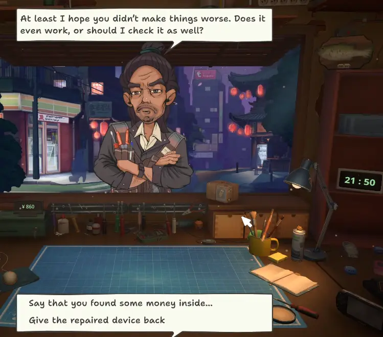 ReStory Brick Game customer dialogue after I find money hidden inside the device
