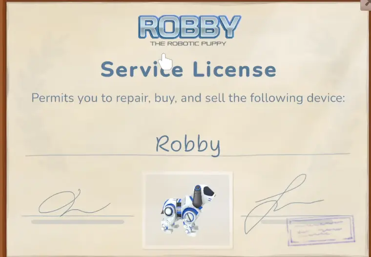 ReStory Robot Dog or Robbie repair license reward after the Repair Master Competition