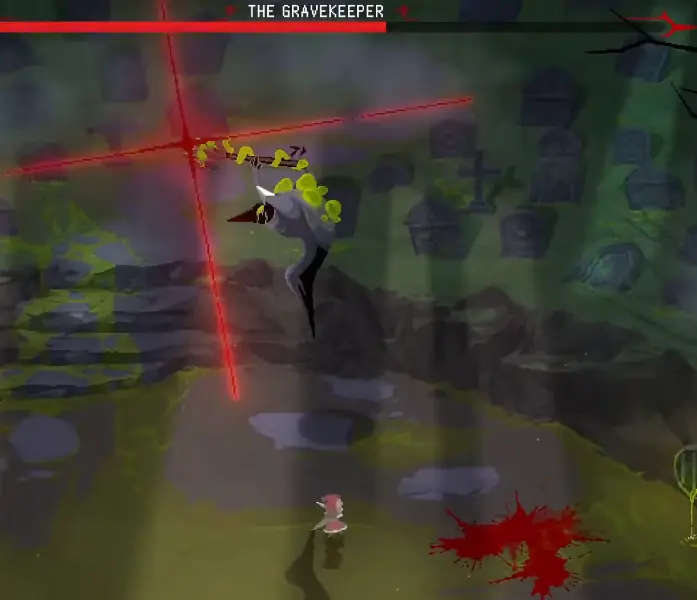 Ruby countering Gravekeeper's red aerial attack with a focused dart
