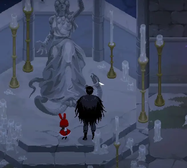Ruby standing among candles inside the Rubinite Monastery