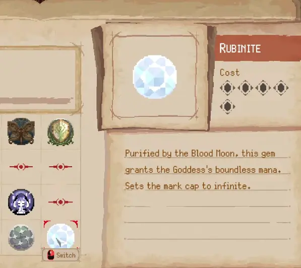 Rubinite costing five talisman slots and setting the Mark cap to infinite