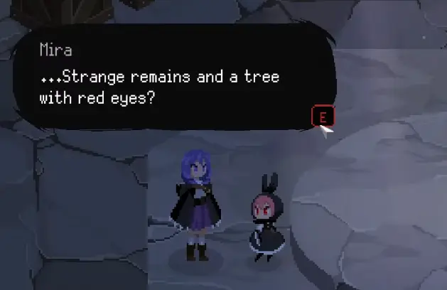 Mira discussing strange remains and a tree with red eyes