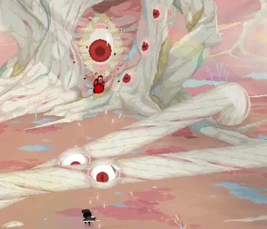 Ruby fighting the Red-Eyed Tree among roots and eye projectiles