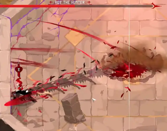 Ruby hiding behind an arena block during Roy's second phase