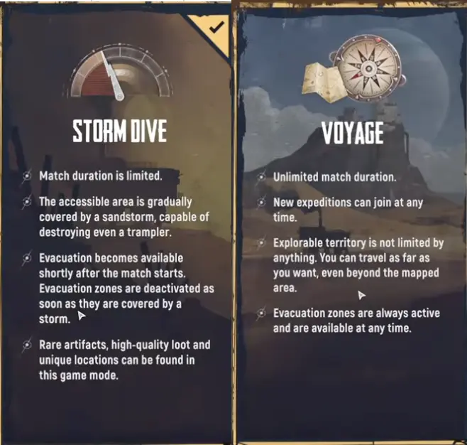SAND Raiders Voyage and Storm Dive mode selection