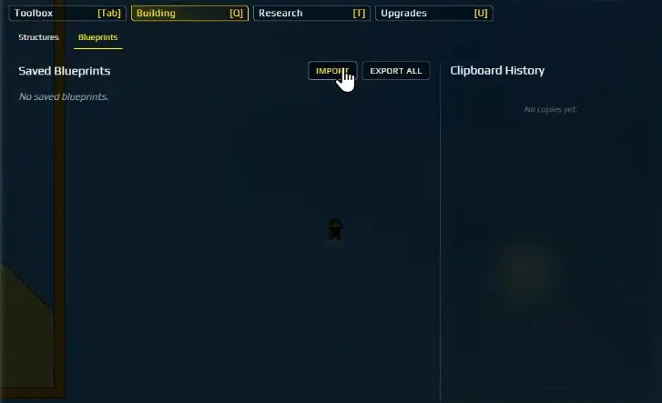 Sandustry Blueprint Import menu used to paste and confirm a Blueprint string