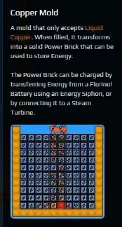 Sandustry Copper Mold description explaining Liquid Copper and Power Brick Energy storage