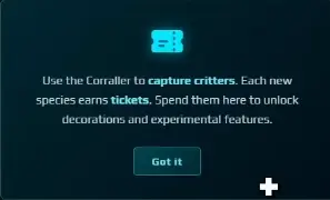Sandustry Corraller tutorial explaining that each new critter species earns Conservatory tickets