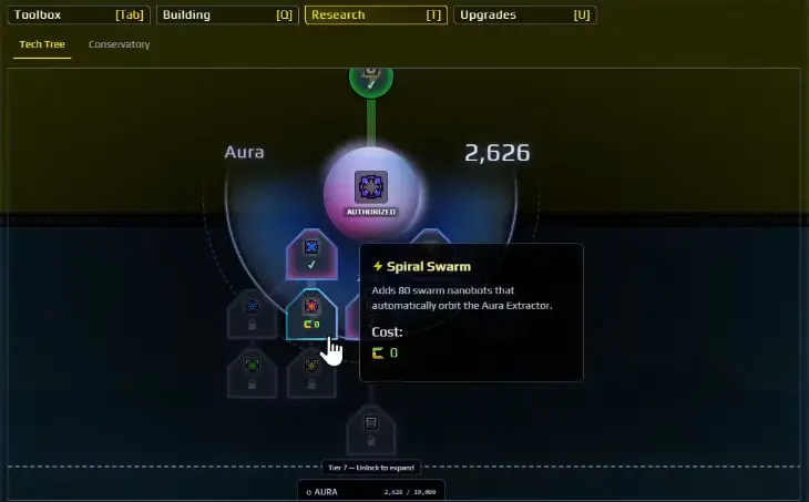 Sandustry Spiral Swarm research adding 80 swarm nanobots around the Aura Extractor