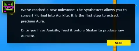 Sandustry Synthesizer milestone explaining Florinol to Aurixite and Auralite production