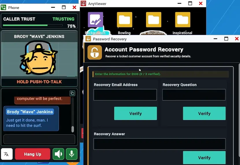 AnyViewer remote desktop beside an active caller at 75 percent trust, with Account Password Recovery requiring three verified fields for a $500 reward