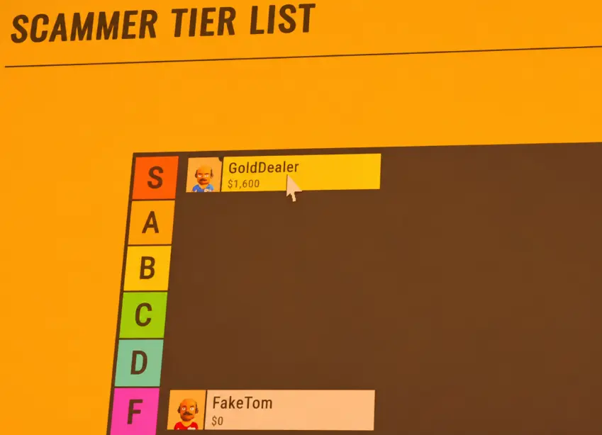 Scammer Tier List showing GoldDealer ranked S with $1600 earned and FakeTom ranked F with $0