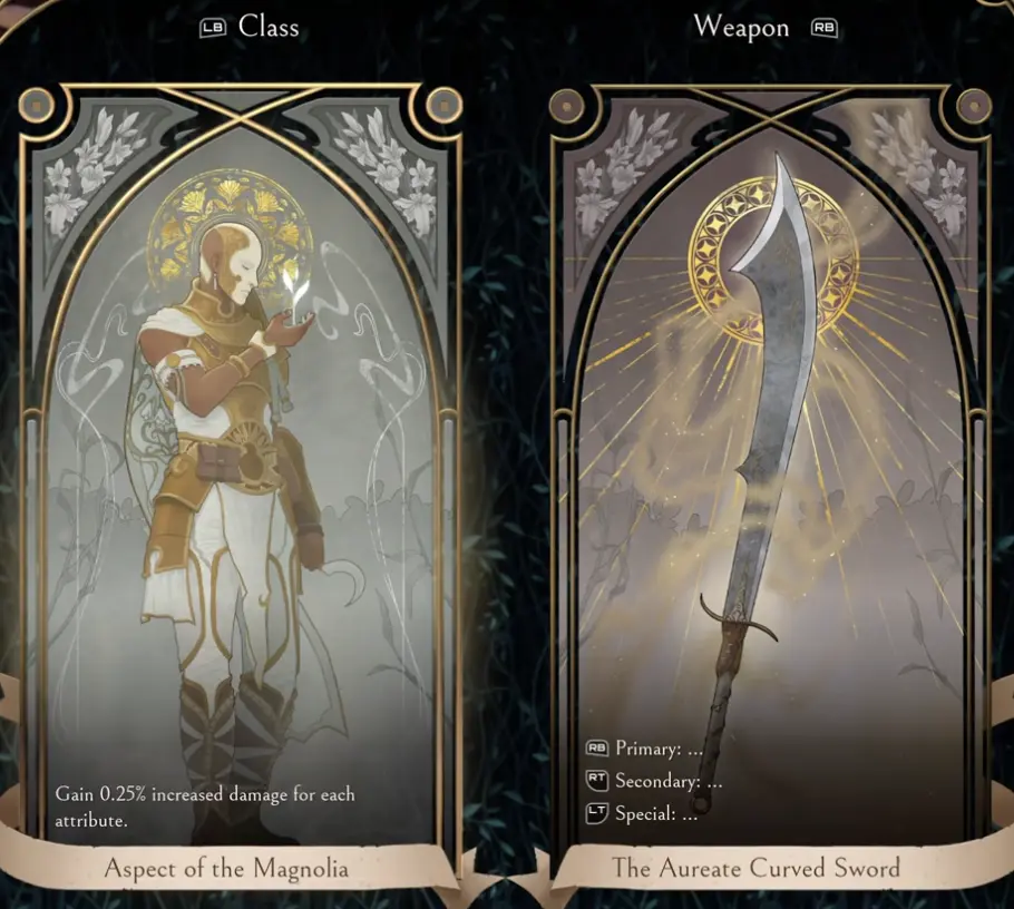 Serpent's Gaze Aspect of the Magnolia and Aureate Curved Sword selection