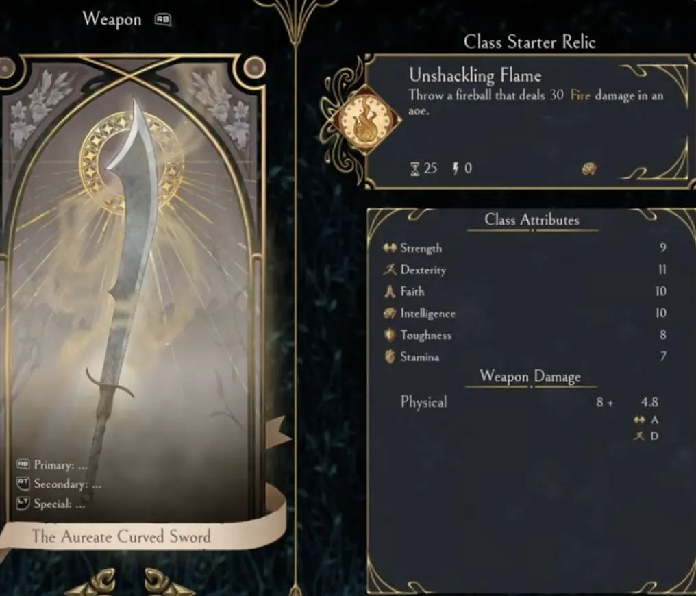 The Aureate Curved Sword weapon screen in Serpent's Gaze