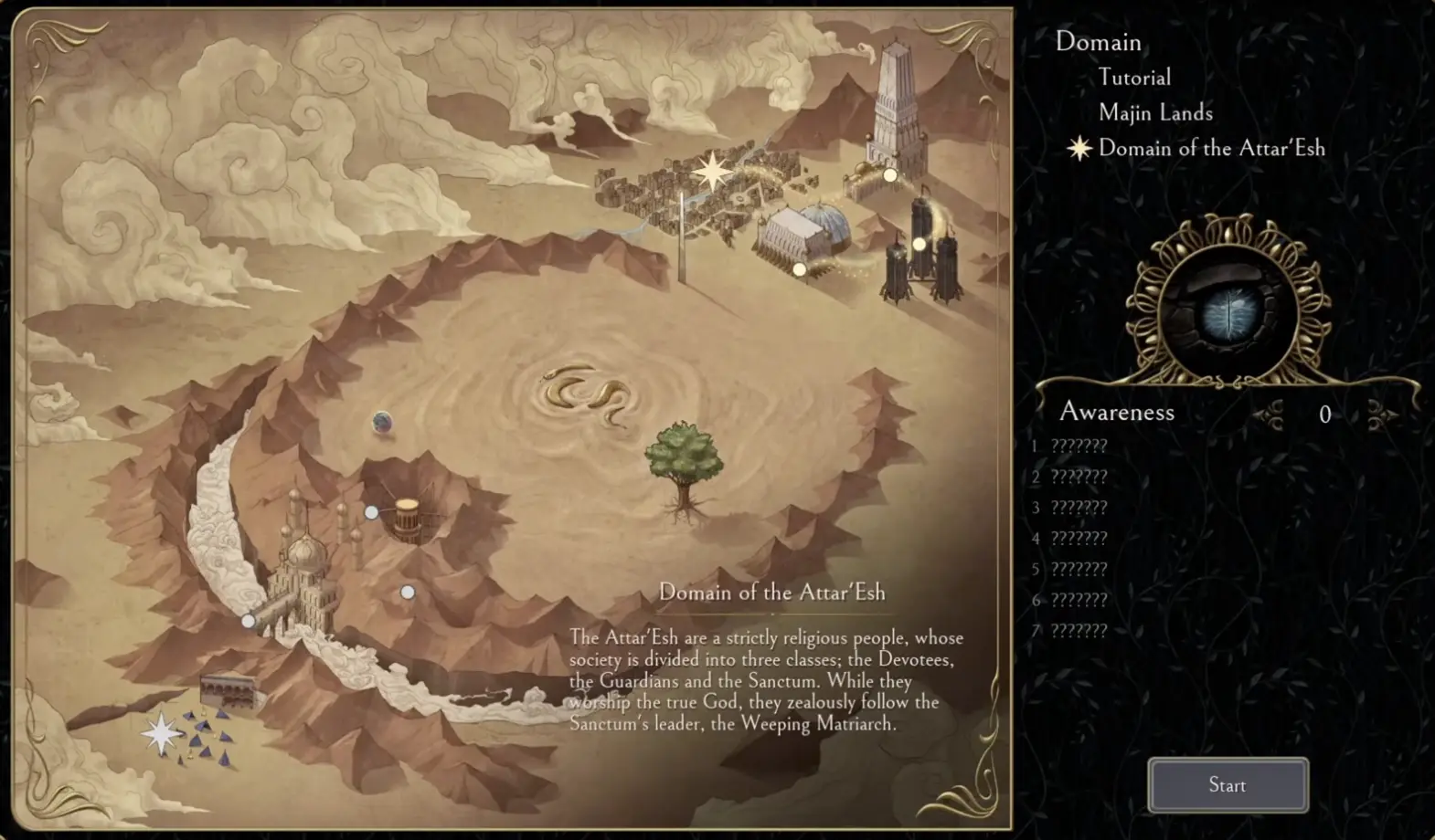 Serpent's Gaze domain map and Awareness panel