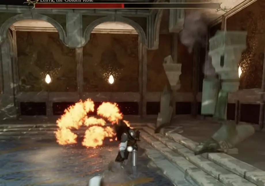 Leirra the Golden Rose dodging fireball in Serpent's Gaze