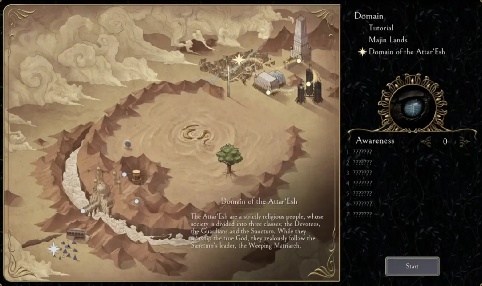Serpent's Gaze map showing tutorial, Majin Lands, and Domain of Attar'Esh