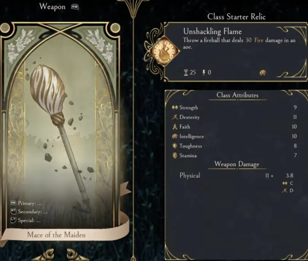 Mace of the Maiden weapon screen in Serpent's Gaze