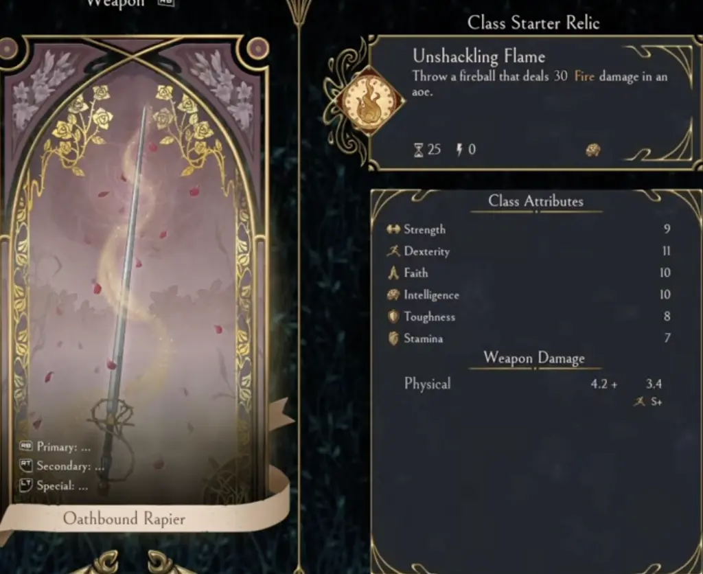Oathbound Rapier weapon screen in Serpent's Gaze