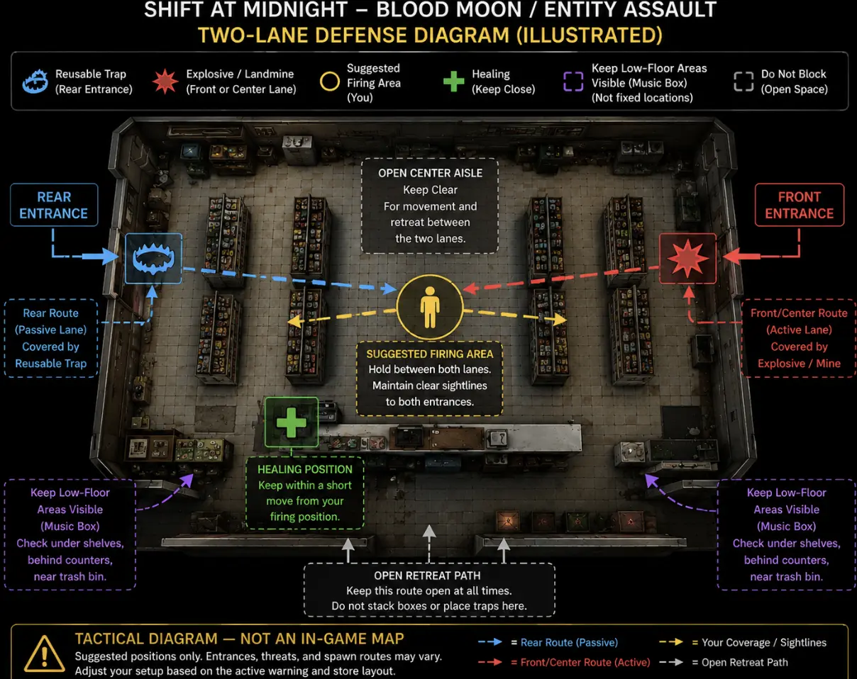 Illustrated Shift At Midnight Blood Moon defense diagram showing a reusable rear Shock Trap, front explosive, central firing area and open retreat route