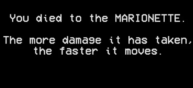 Shift At Midnight Marionette death screen explaining that it moves faster after taking damage