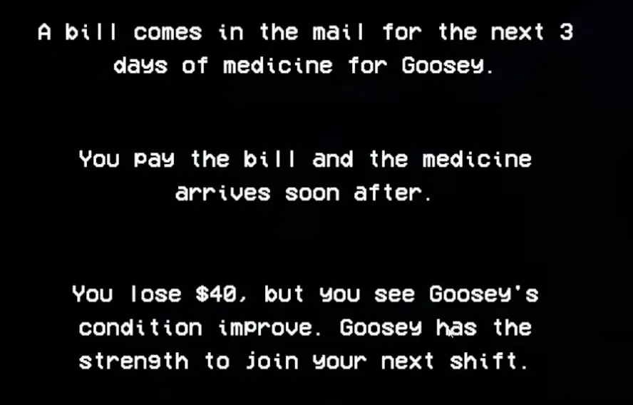Shift At Midnight pet treatment screen showing a $40 medicine bill covering three days