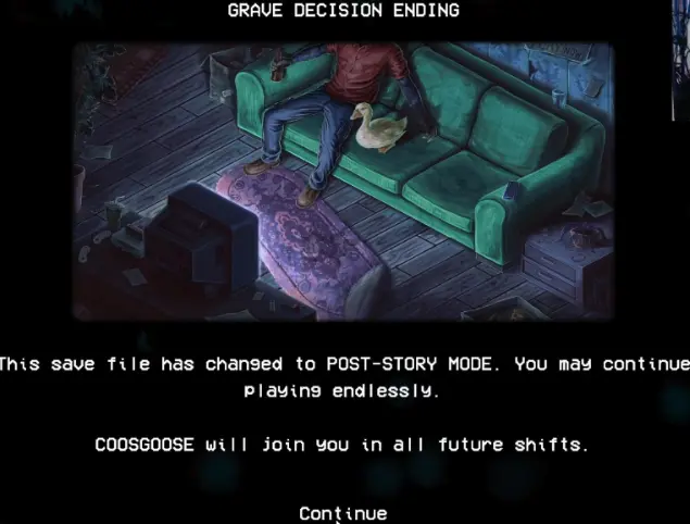 Shift At Midnight message saying the current save file has changed to Post-Story Mode