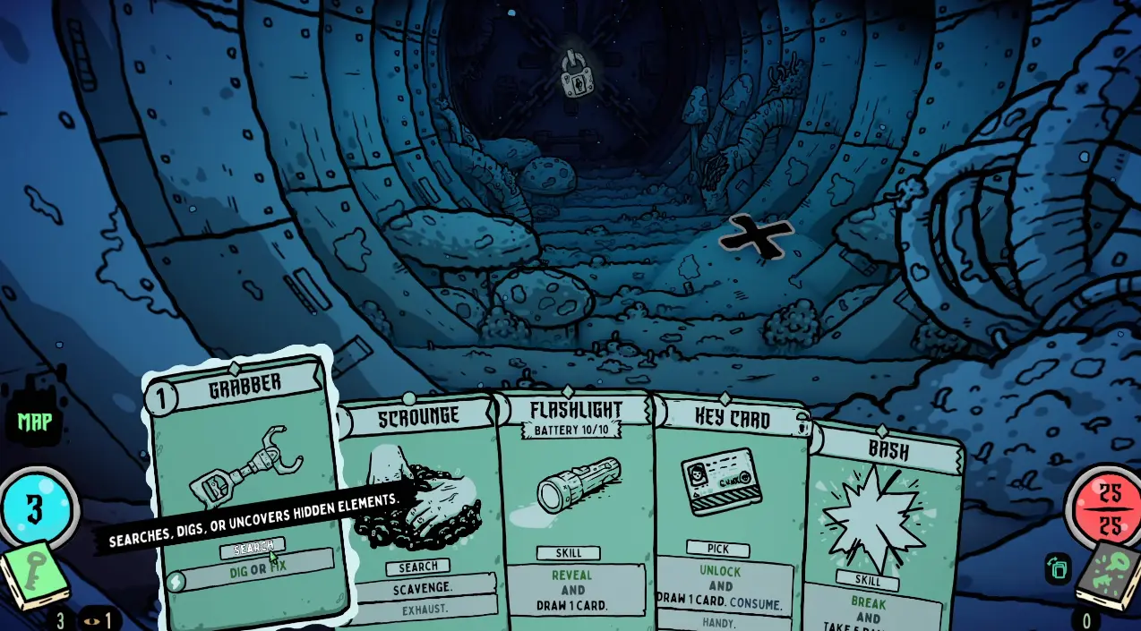 Shroom and Gloom exploration deck with Grabber, Scrounge, Flashlight, Key Card and Bash