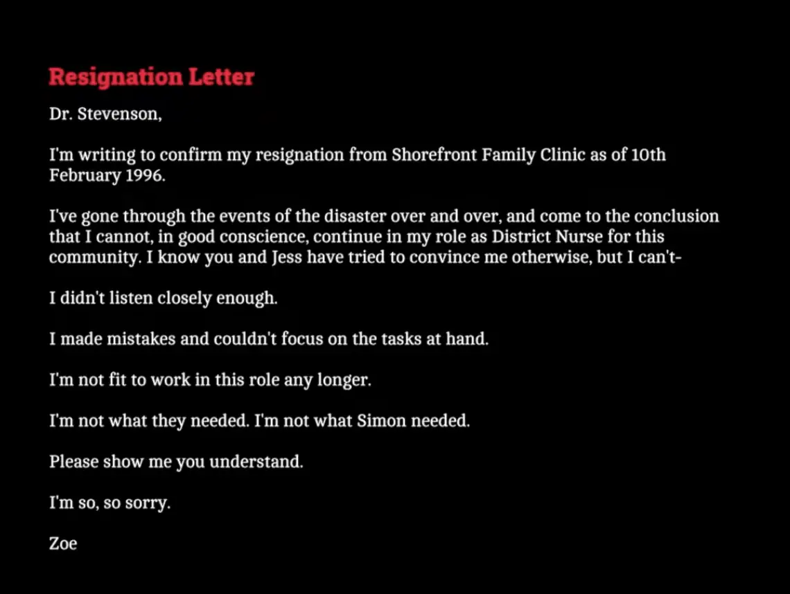 Zoe Ellis's Resignation Letter beside the Clinic Scales in Silent Hill Townfall