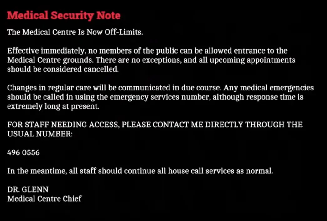 Medical Security Note showing Dr. Glenn's number 496 0556 in Silent Hill Townfall