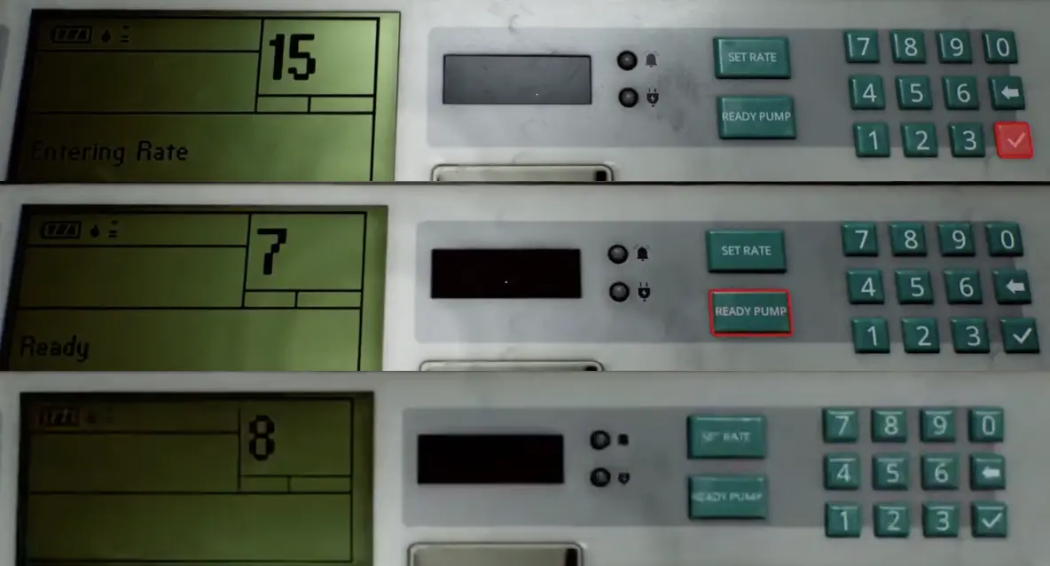 Infusion pumps set to rates 15 7 and 8 in Silent Hill Townfall