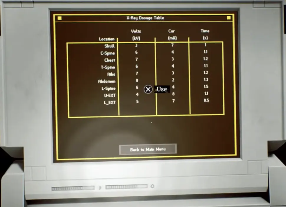 X-ray reference settings for the skull and chest in Silent Hill Townfall