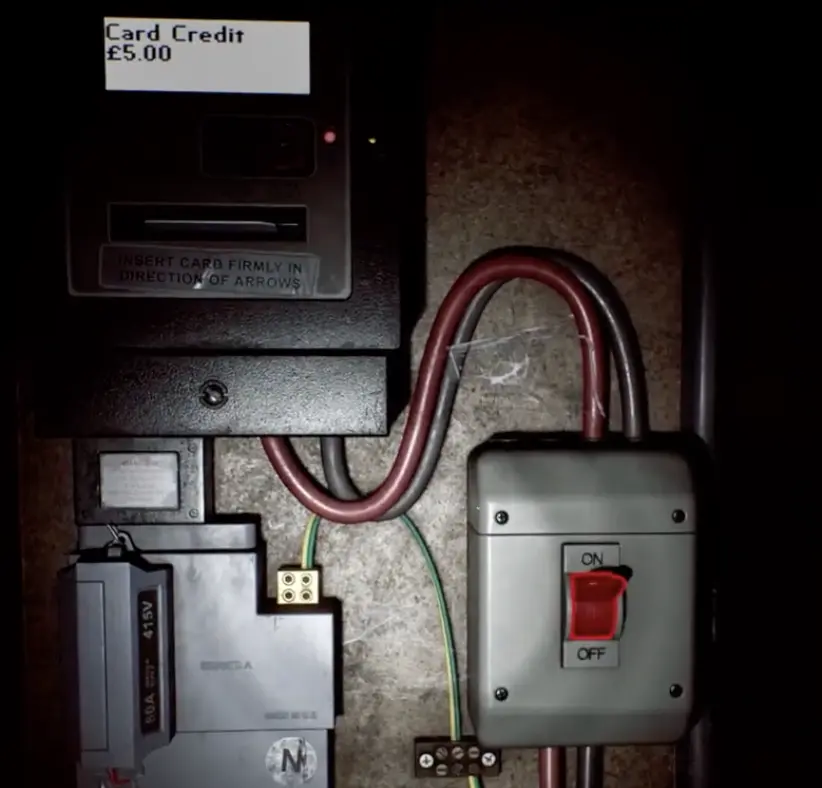 Zoe's house prepaid electricity meter showing five pounds of credit in Silent Hill Townfall
