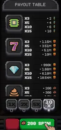 Slots & Diapers CraptoMachine paytable with 200 Craptocurrency spin cost