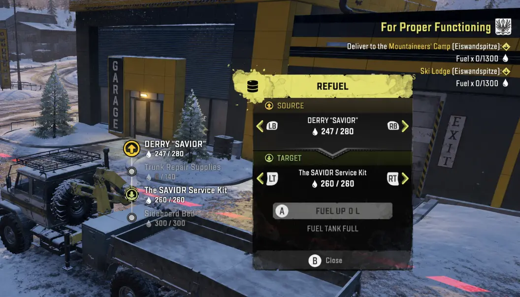 Derry Savior fuel transfer menu showing its 280 L tank, 140 L supply storage, 260 L service kit, and 300 L sideboard fuel storage