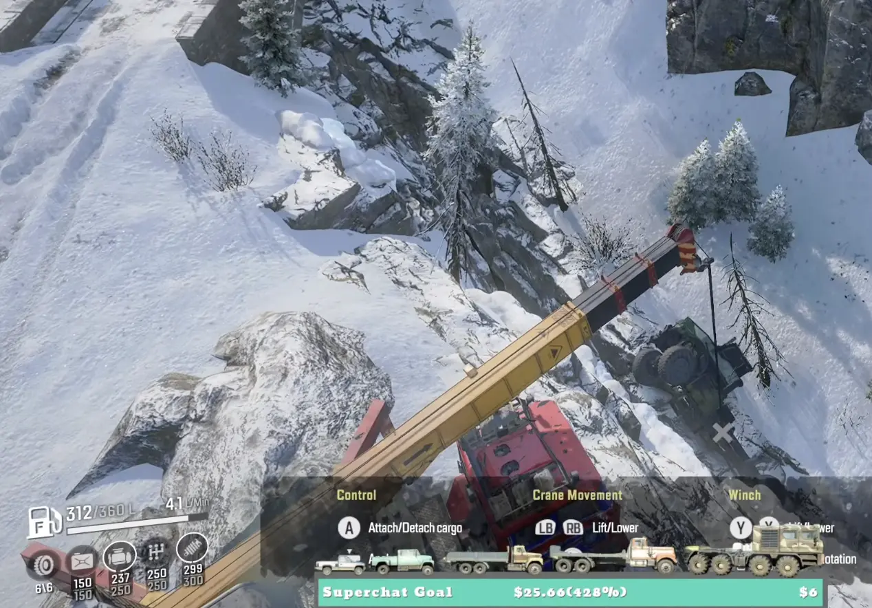 Heavy recovery crane lifting the stranded Derry Savior out of a rocky depression during Forgotten Ally
