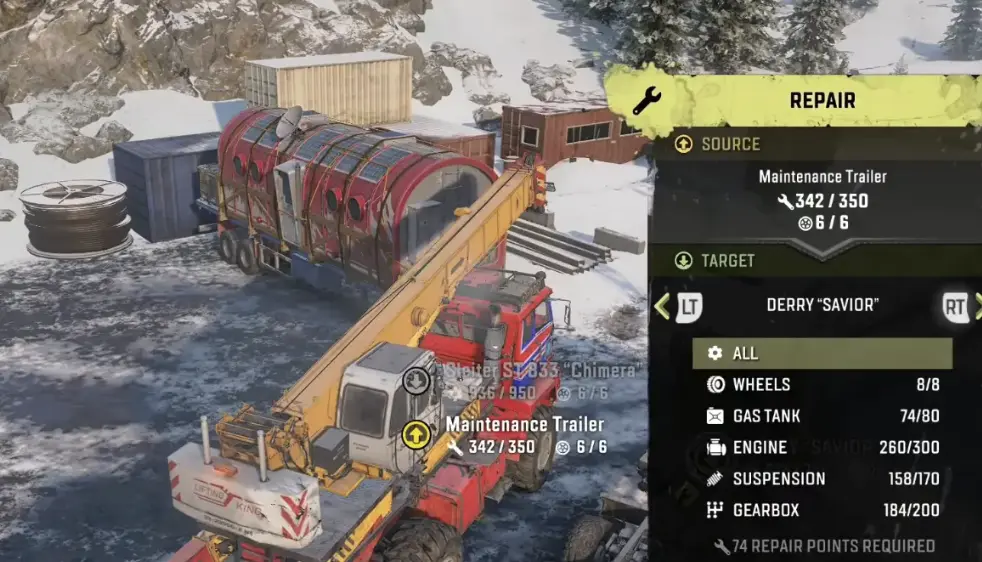 Derry Savior repair interface showing 74 repair points still required and a maintenance trailer with 342 repair points remaining