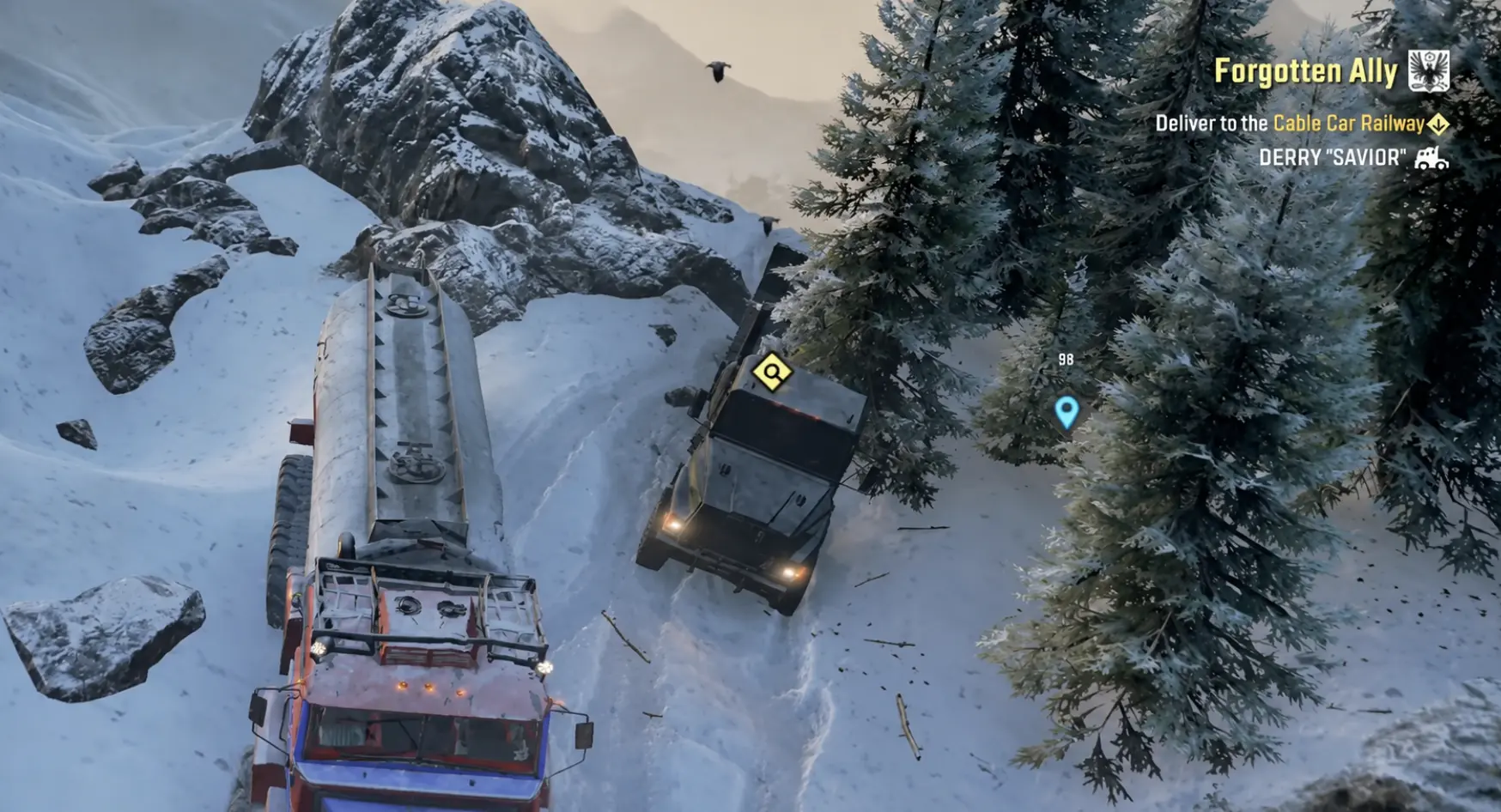 Derry Savior tilted on a snowy mountainside during Forgotten Ally, with rocks and trees restricting its recovery