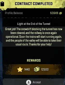 Light at the End of the Tunnel completion screen confirming that the snowdrift has been cleared and the railway restored