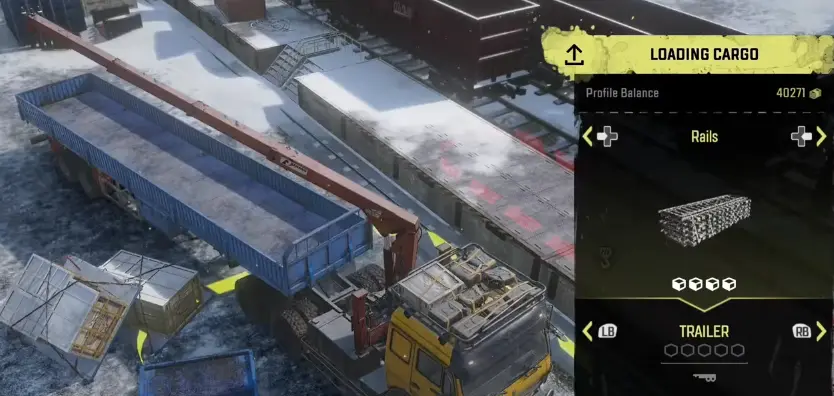 Rails cargo in the SnowRunner Cargo Management menu showing a four-slot load