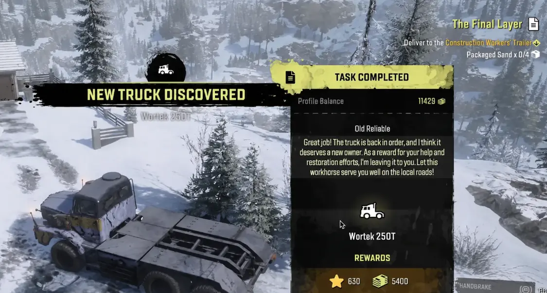 Old Reliable completion screen showing the Wortek 250T unlock and mission rewards in SnowRunner