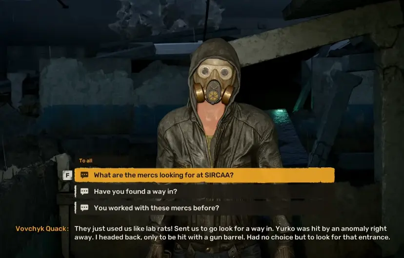 Wounded stalkers warning Skif about the water route into SIRCAA