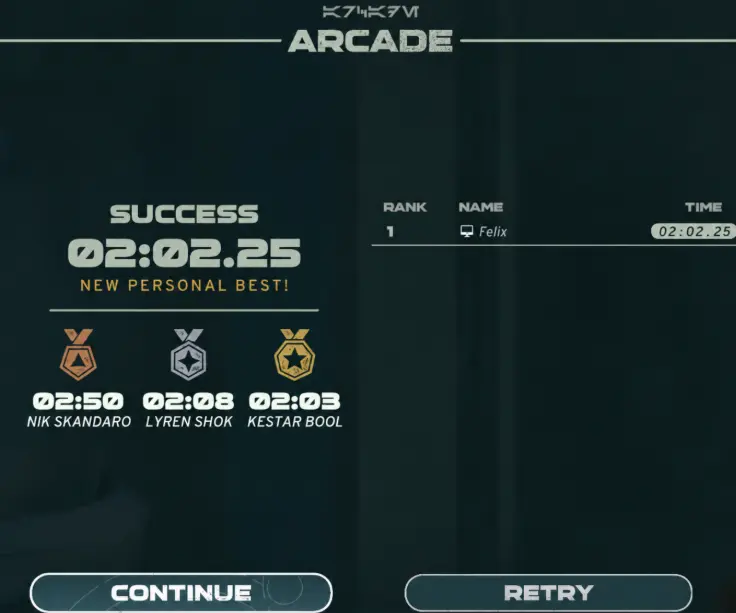 Star Wars Galactic Racer Arcade result showing a 2:02.25 finish against Bronze, Silver, and Gold targets