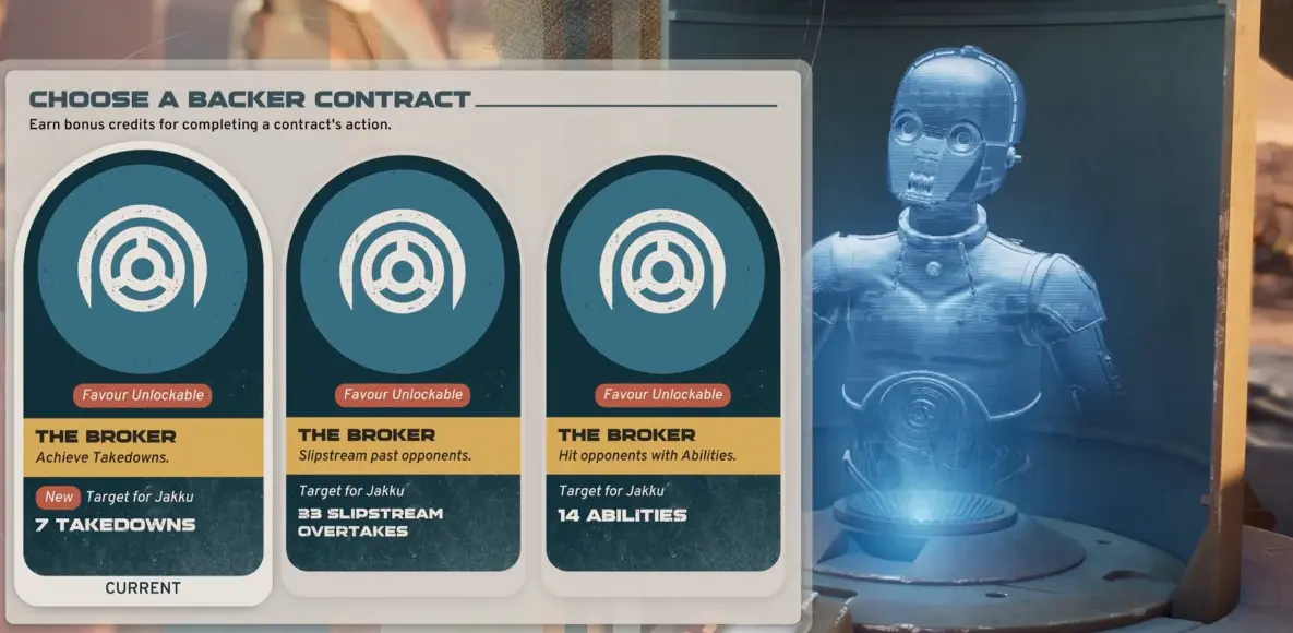Star Wars Galactic Racer Backer Contract selection with takedown, overtake, and Ability objectives