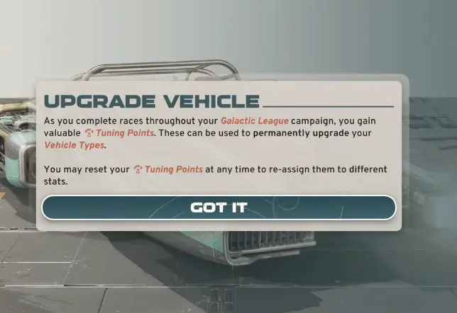 Star Wars Galactic Racer Tuning Points menu showing vehicle upgrades that can be reset