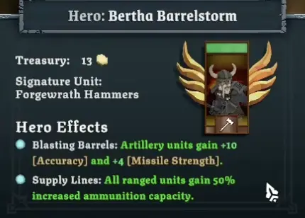 Tabletop Tavern Bertha Barrelstorm hero unlock with artillery and ranged bonuses