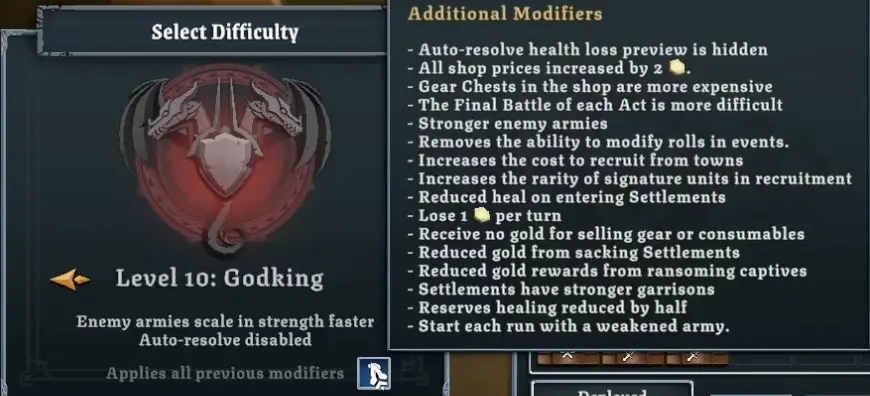 Tabletop Tavern difficulty selector showing Level 10 Godking modifiers