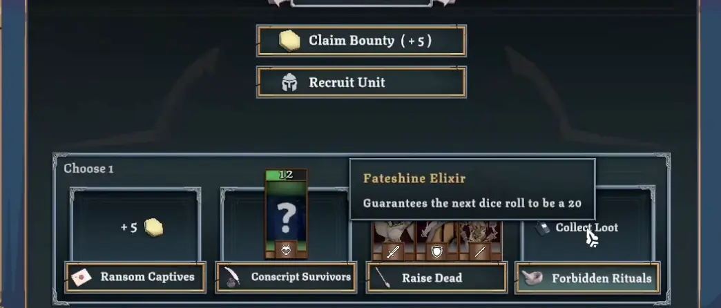 Tabletop Tavern Fateshine Elixir appears as a post-battle reward and guarantees the next dice roll to be a 20
