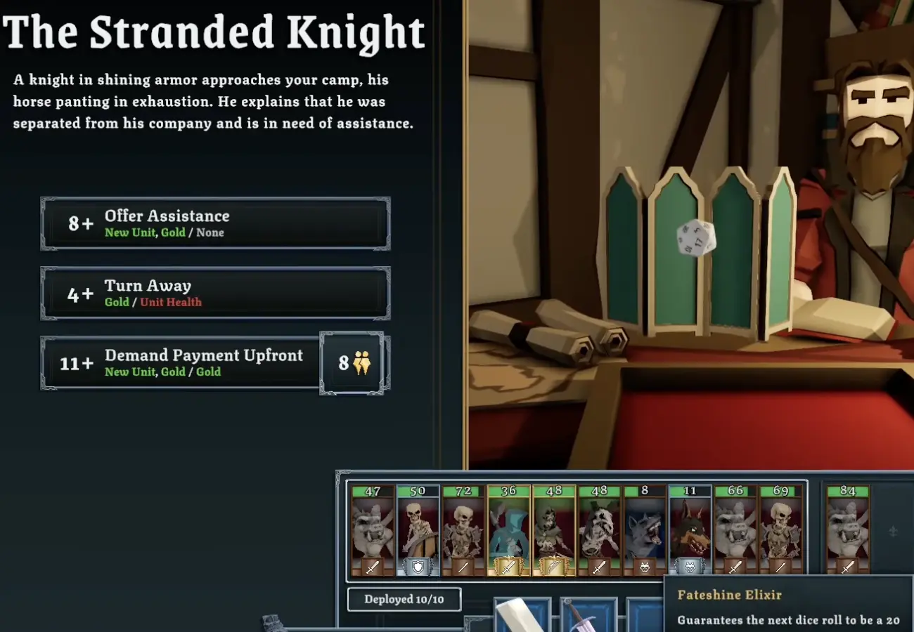 Tabletop Tavern The Stranded Knight event with dice roll options